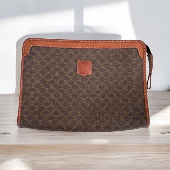 Authentic CELINE Macadam Dark Brown & Tan Leather Large Clutch Wristlet Bag - Picture 1 of 12